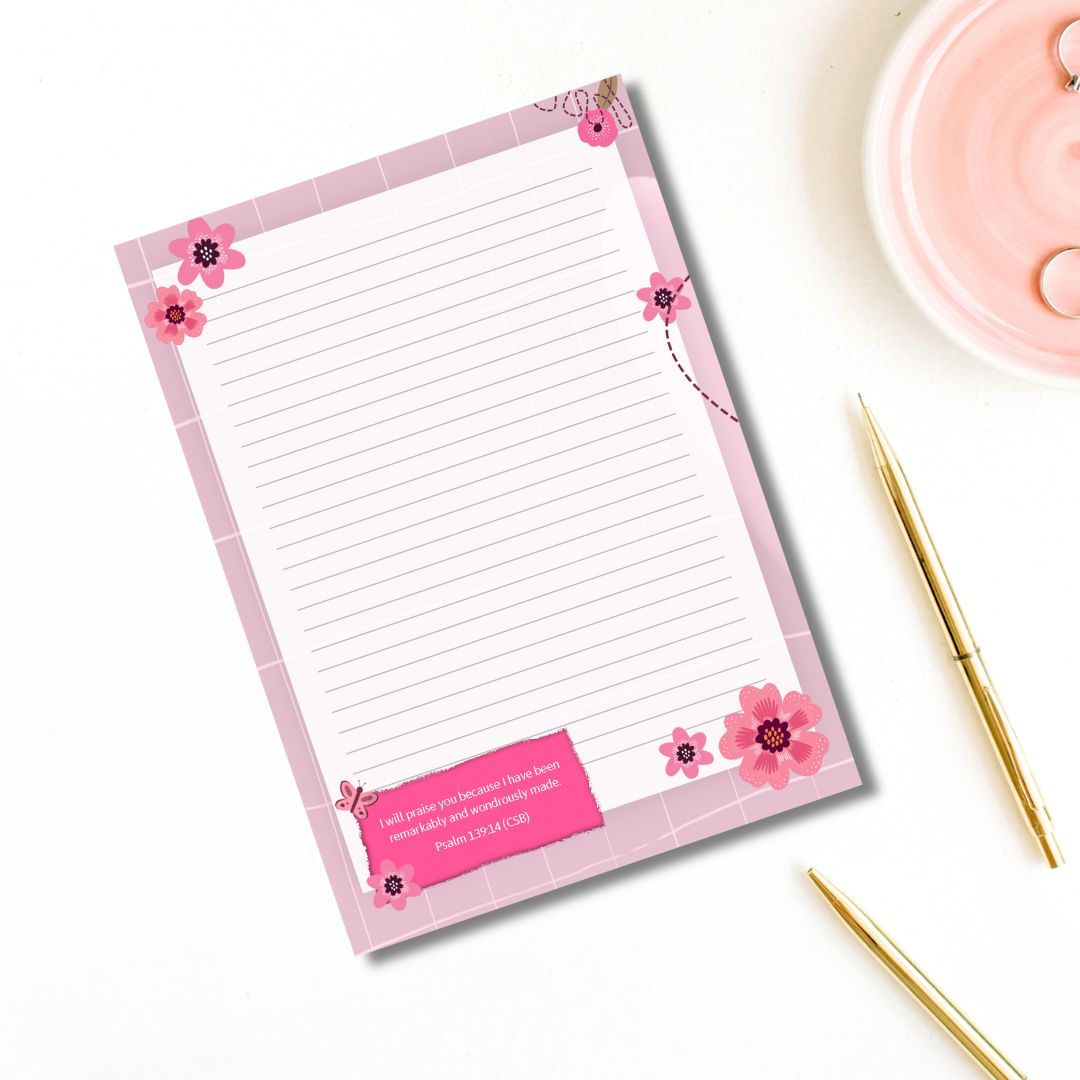A5 Notepad – Psalm 139:14 – Pink with Flowers